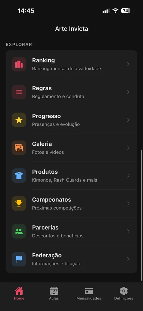 Arte Invicta: ranking, progresso, galeria e informações da academia.