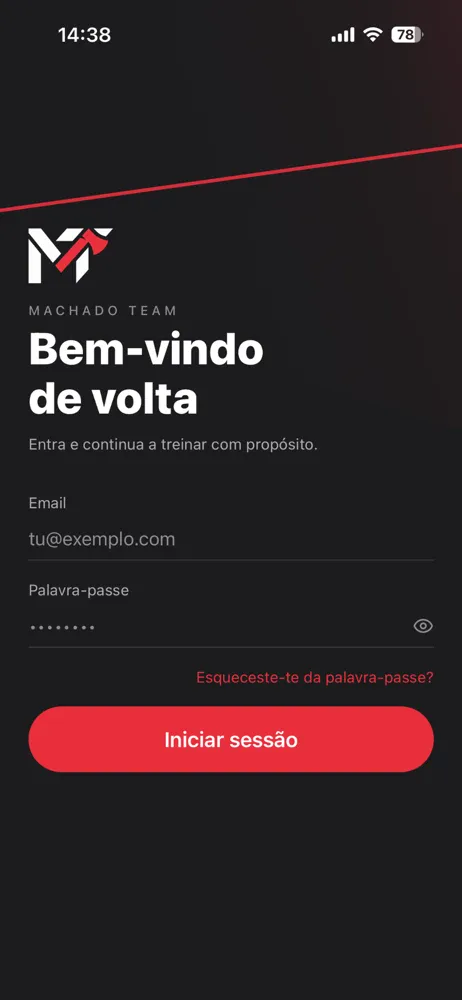Ecrã de início de sessão da MachadoTeam App.