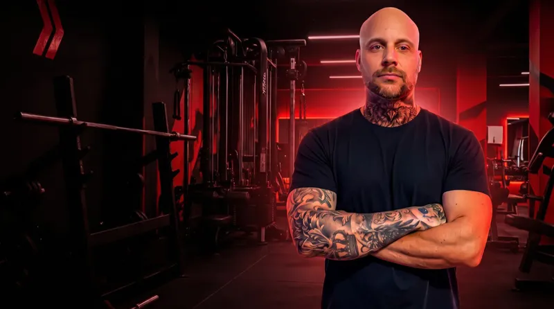 Identidade visual da MachadoTeam: personal trainer no ginásio, com iluminação vermelha.